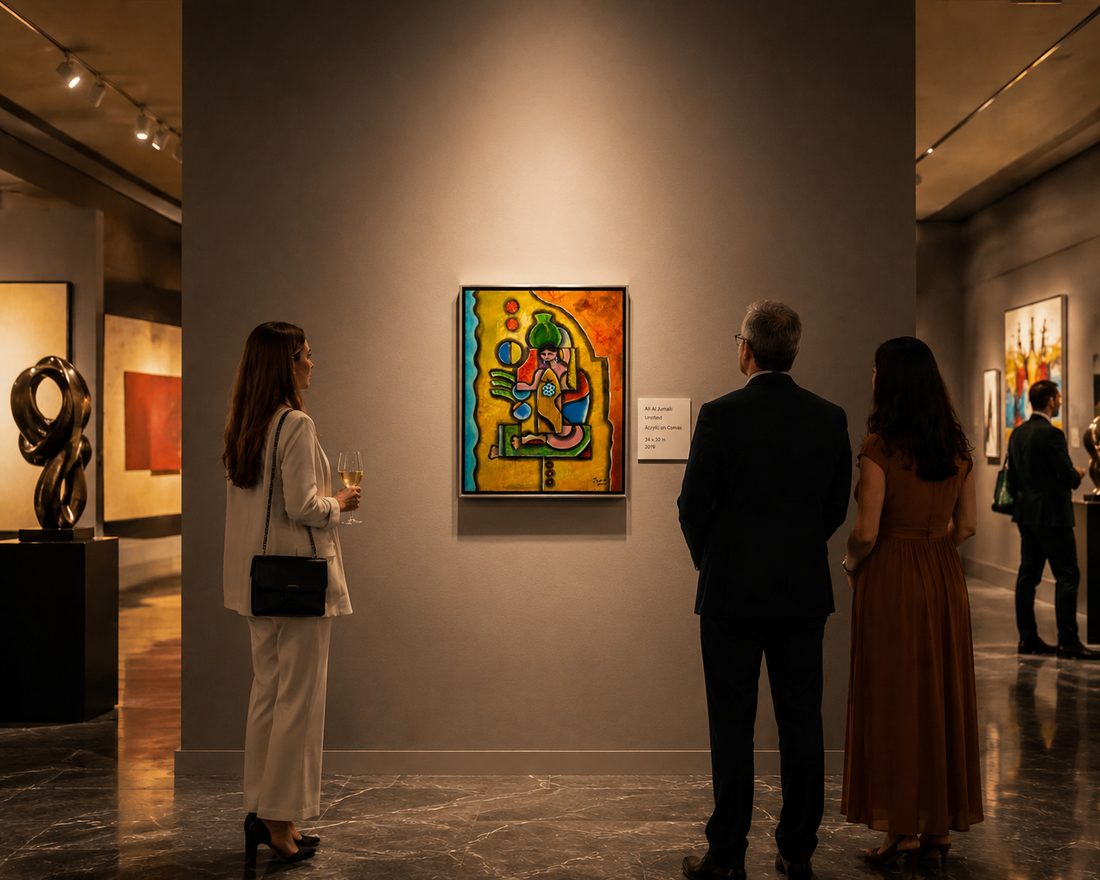 Painting by Ali Al Jumaili on display, viewed by gallery guests