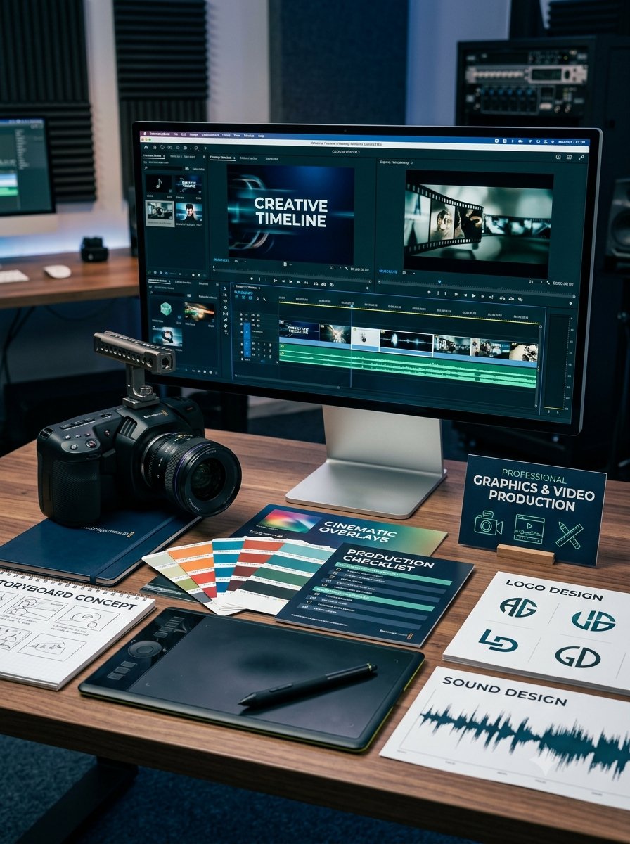 Graphic design and video production workspace — 2 in Red
